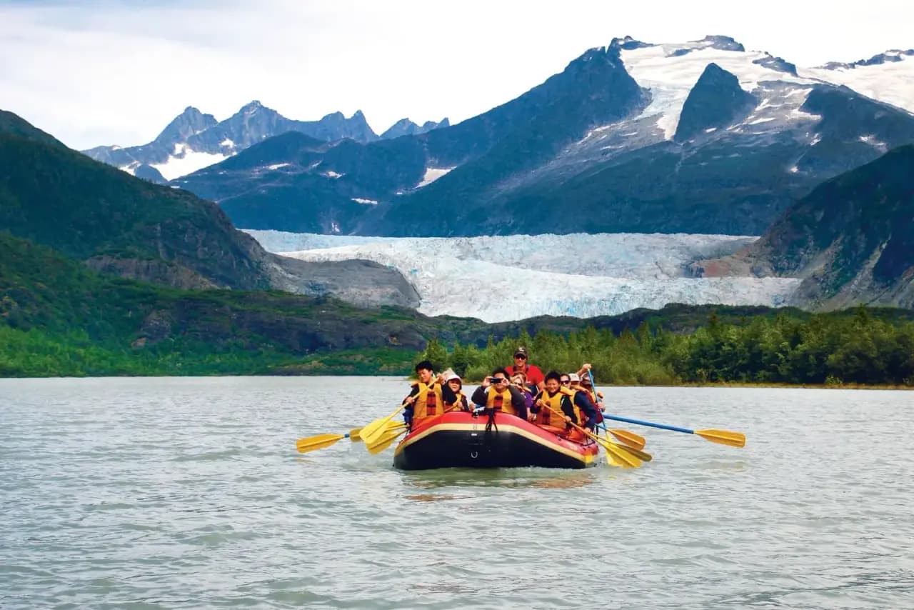 Raft below a glacier